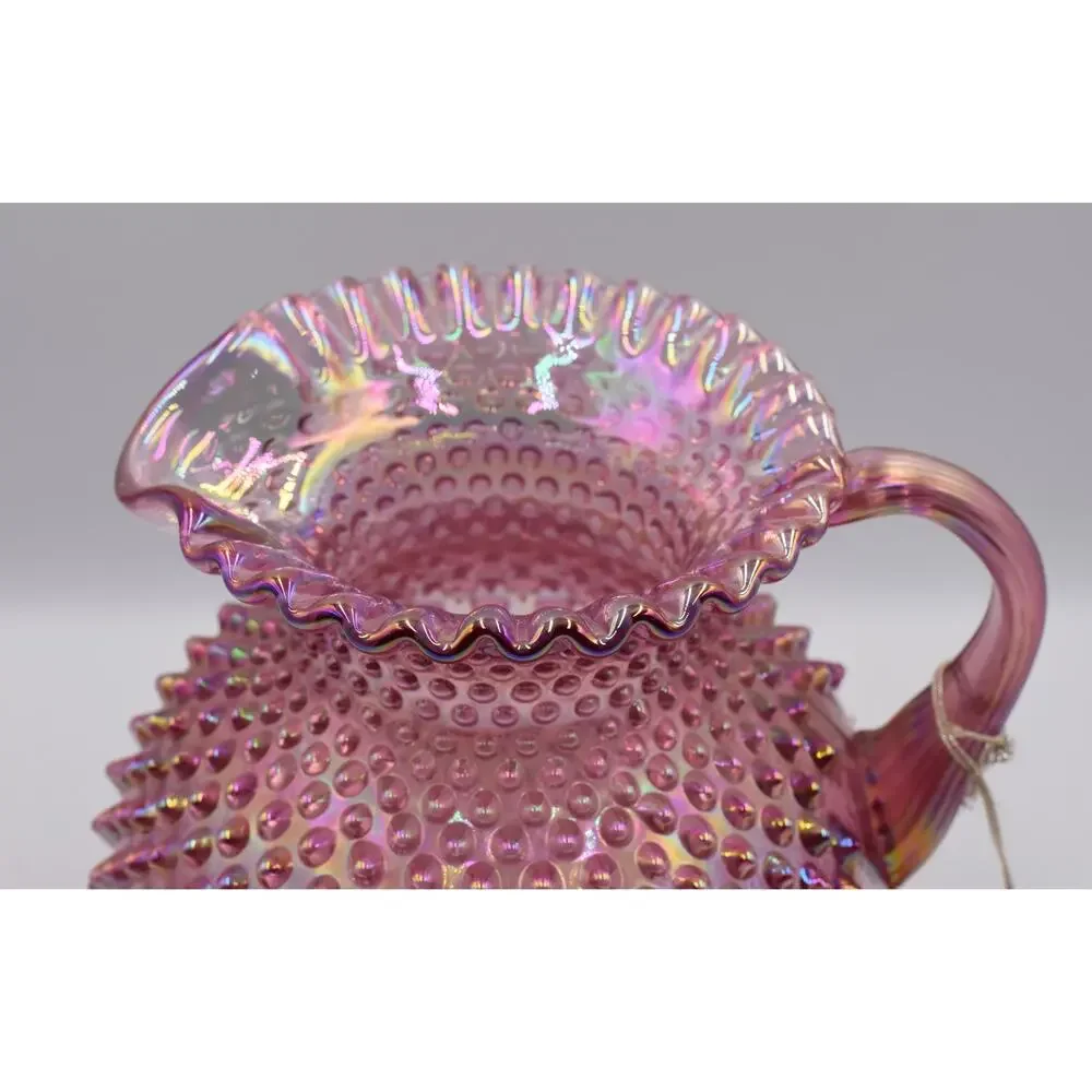 Vintage Fenton Hobnail Pink Opalescent Carnival Glass Art Crimped Top Pitcher